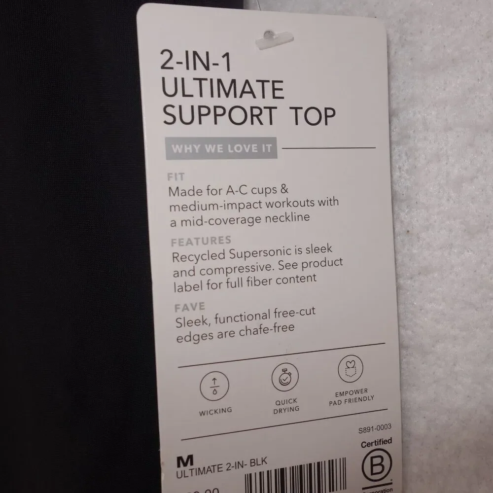 Athleta Women's Medium Tank Top 2-In-1 Ultimate Support Sleeveless Black NEW